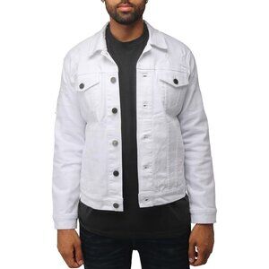 Mens White Denim Jacket Washed Ripped Distressed Stretch Casual Trucker